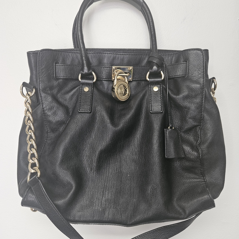 Michael Kors Black Leather Hamilton Large North South Tote with Gold Accents